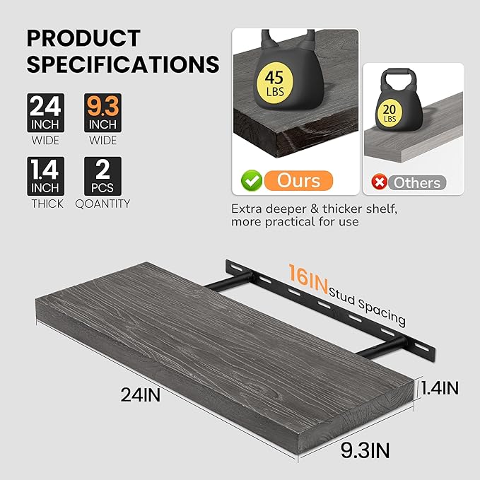 Fun Memories Floating Shelves for Wall, 24"x9.3" Rustic Solid Elm Wood Shelves, Heavy-Duty Wall Mounted Shelves with Invisible Brackets, Set of 2 for Living Room, Bedroom, Kitchen, Natural Finish