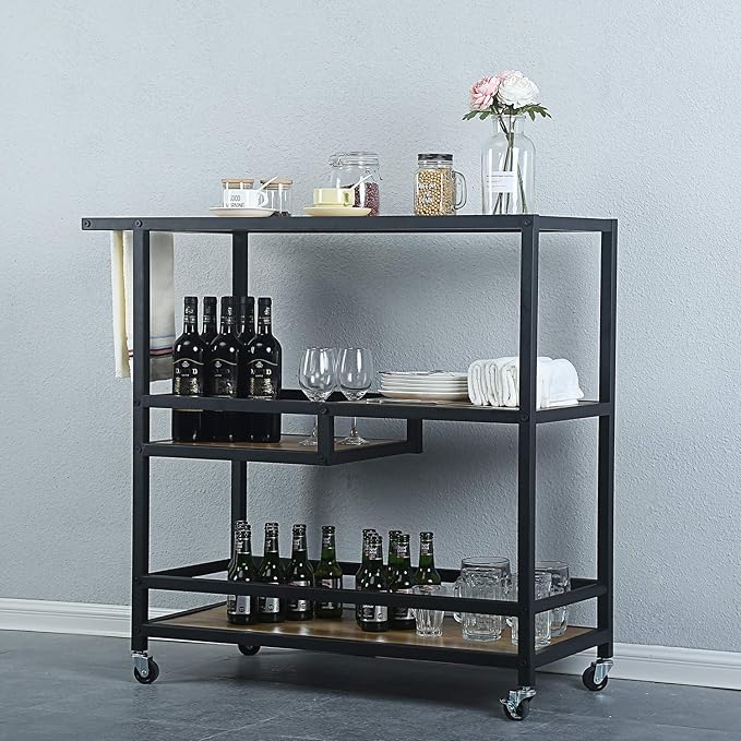 Bar and Serving Cart Industrial & Modern Rustic Rolling Bar and Serving Cart,3-Tiered Wood & Metal Kitchen Bar Cart Island with Wheels,Move Storage Coffee/Wine Island Shelf,Black