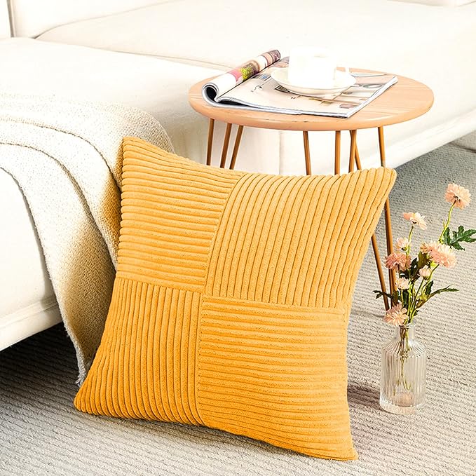 Fancy Homi 2 Packs Gold Yellow Spring Decorative Throw Pillow Covers 16x16 Inch for Couch Bed Sofa, Rustic Farmhouse Boho Home Decor, Soft Corss Patchwork Corduroy Textured Square Cushion Case 40x40cm