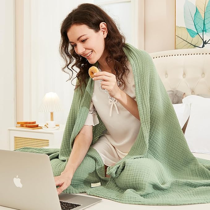 EMME Cotton Muslin Blanket King Size - Soft, Breathable Layering Blanket, 108"x90", All Season Gauze, Sage Green