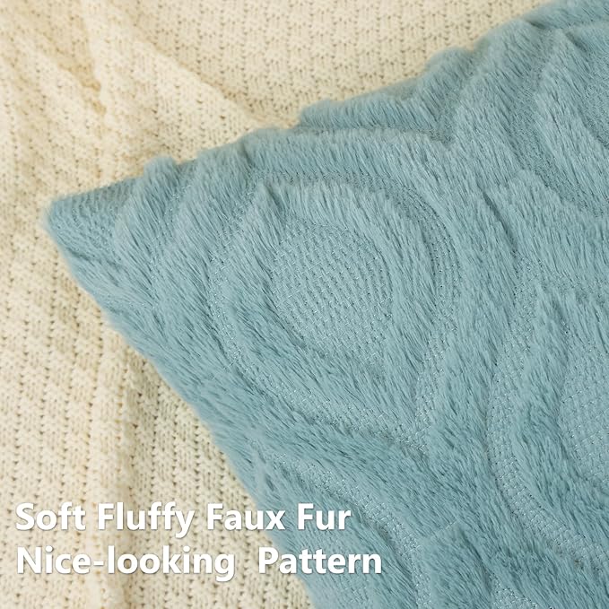 decorUhome Fall Throw Pillow Covers 18x18 Inch Set of 2, Soft Plush Decorative Faux Fur Aqua Solid Couch Pillow Covers, Accent Farmhouse Neutral Square Euro Pillow Cases for Sofa Bed Living Room