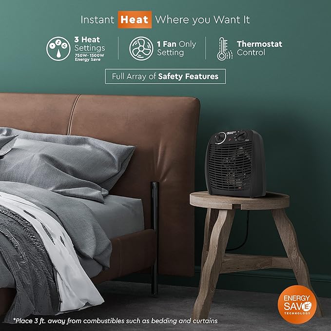 Comfort Zone Indoor Space Heater with Adjustable Thermostat, Fan Forced, Electric, Overheat Protection, Safety Tip-Over Switch, Energy Efficient, Ideal for Home, Bedroom, & Office, 1,500W, CZ45EBK