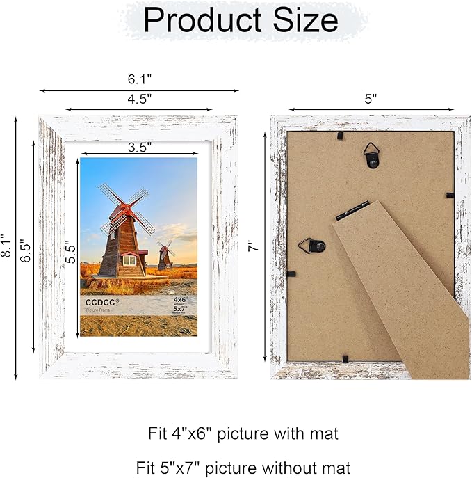 5x7 Picture Frame Set of 4, 5 x 7 Wood Photo Frames with Mat for 4x6, Rustic Natural Wooden Frame with Real Glass Cover for Wall and Tabletop Display,Distressed White