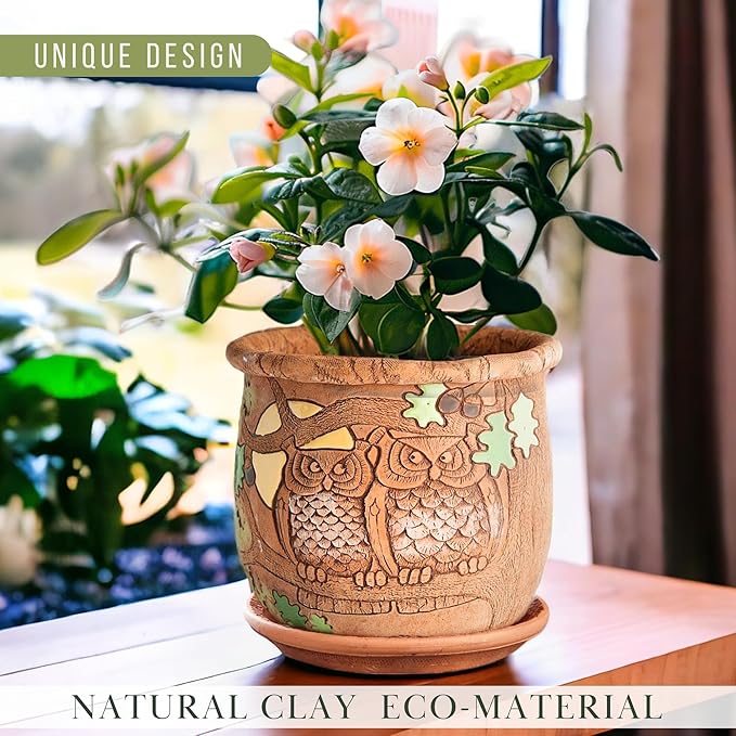 Ceramic Pot with Drainage Hole and Saucer, Plant Pots, Modern Decorative Planters for House Plants Indoor Flowers Plants, Cute Flower Pot - Gifts (Owls (1.6 L))