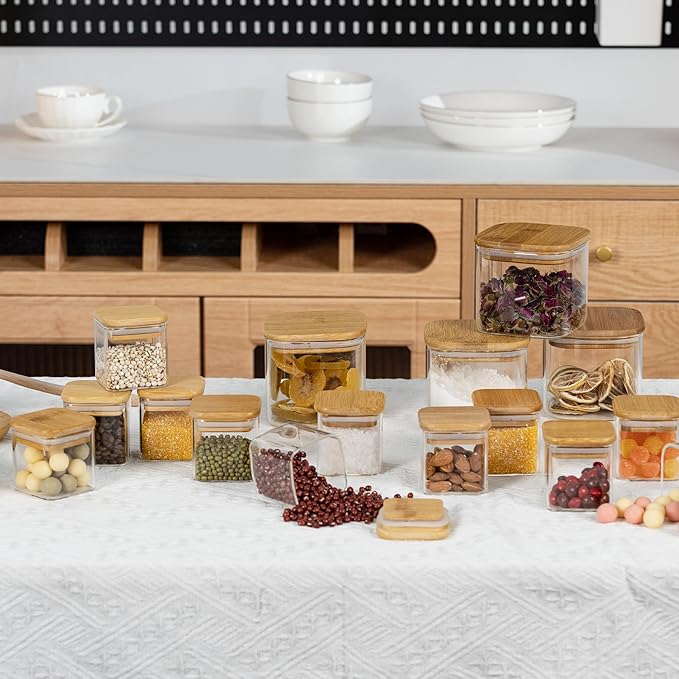 5oz Airtight Square Spice Containers with Bamboo Lid Set of 12 with Black Lables Storage Stackable Spice Jar, Kitchen Canister for Sugar, Tea, Flour, Salt and Seasonings (‎Clear Glass)