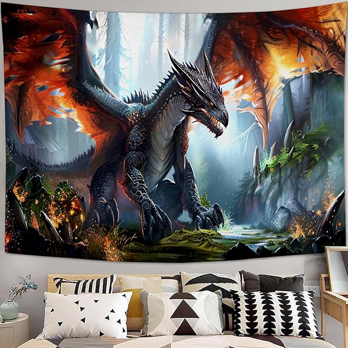 Dinosaur Tapestry Dragon Tapestries Fabric Wall Hanging Aesthetic Space Indoor Outdoor Wall Art Tablecloth Bedspread Decoration for Boy’s Bedroom Dormitory Living Room Home Decor 40"x60"