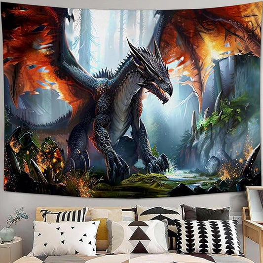 Dinosaur Tapestry Dragon Tapestries Fabric Wall Hanging Aesthetic Space Indoor Outdoor Wall Art Tablecloth Bedspread Decoration for Boy’s Bedroom Dormitory Living Room Home Decor 60"x90"