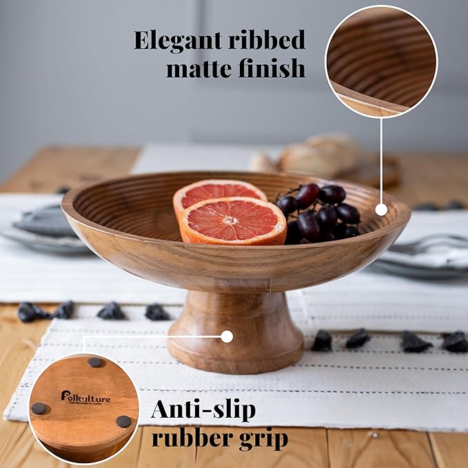 Folkulture Wooden Fruit Bowl for Kitchen Counter | 12" Large Premium Eco Friendly Banana Fruit Basket for Kitchen | Acacia Wood Bowl with Holder, Pedestal for Table Decor, Centerpiece for Dining Table