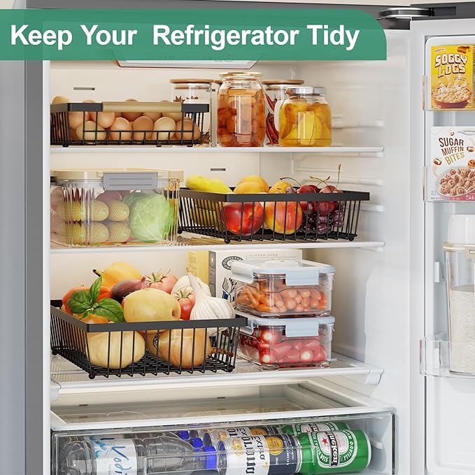 3 Tier Fruit Basket for Kitchen Counter with 2 Banana Hangers, Countertop Metal Fruit Bowl with Wooden Handle, Large Storage Stand for Vegetables, Snacks, Breads, Produce Storage – Black