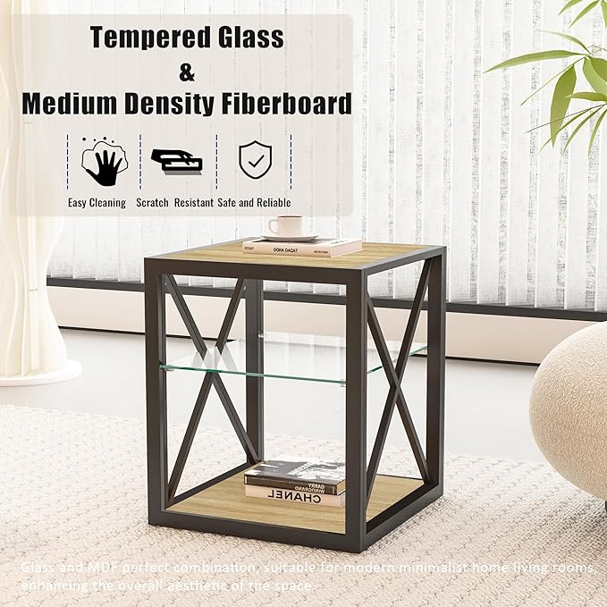 Farmhouse End Table, Modern Side Table with 3-Tier Storage Shelf, Square Rustic Nightstand, Accent Tea Table, for Bedroom Office Living Room, Brown, Natural Wood, Glass, Metal