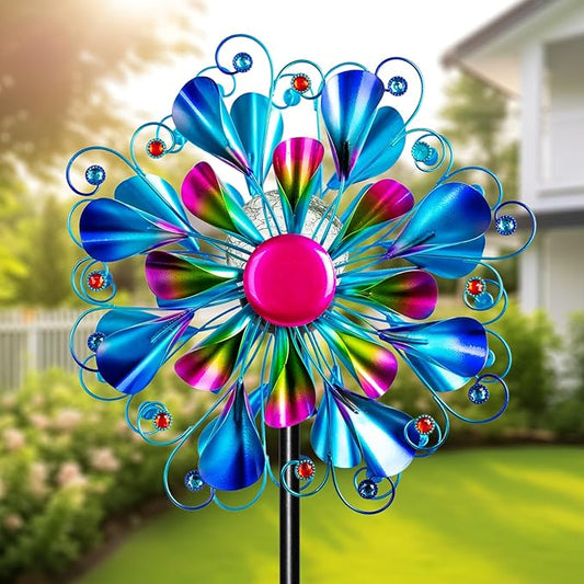 60'' Wind Spinner with Color Glass Ball Solar Lights, Blue Peacock Feathers Metal Garden Outdoor Decor Yard Lawn Art Decor for Patio Kinetic Windmills Unique Gifts for Friends and Family