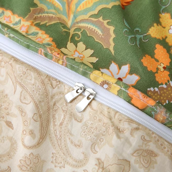 ABREEZE Paisley Bedding Sets 3Pcs Brushed Cotton Duvet Cover Set Queen Size Rustic Damask Green Floral Comforter Cover with Zipper Closure Boho Bedding Collections
