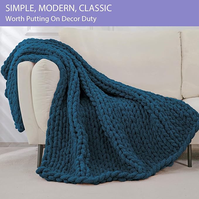 Bigacogo Chunky Knit Throw Blanket for Couch, 40x60 inches, 100% Hand Knitted with Thick Jumbo Chenille Yarn, Cozy Soft Large Rope Knot Cable Crochet Blankets for Sofa Bed Living Room, Deep Sea Blue