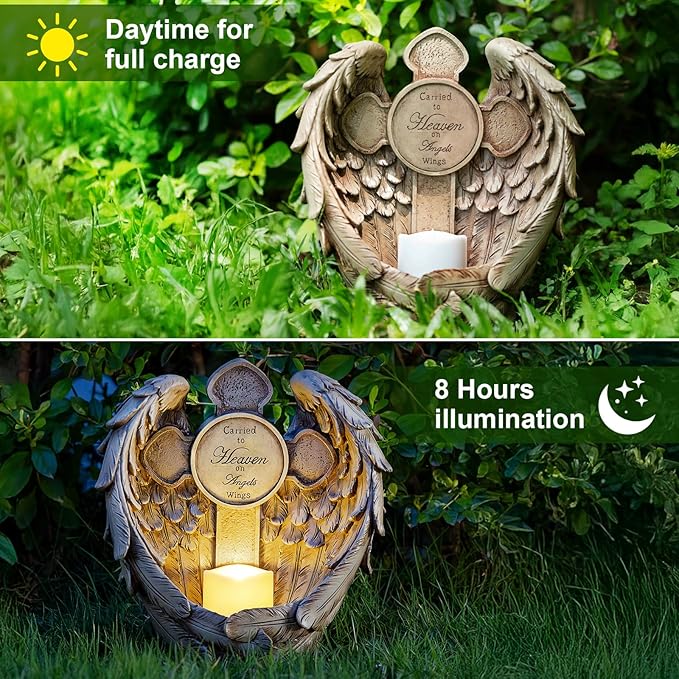 12" Solar Angel Wing Cross Garden Lights, Waterproof Memorial Grave Decorations Sympathy Gifts for Cemetery Outdoors Lawn Yard Home Patio Decor