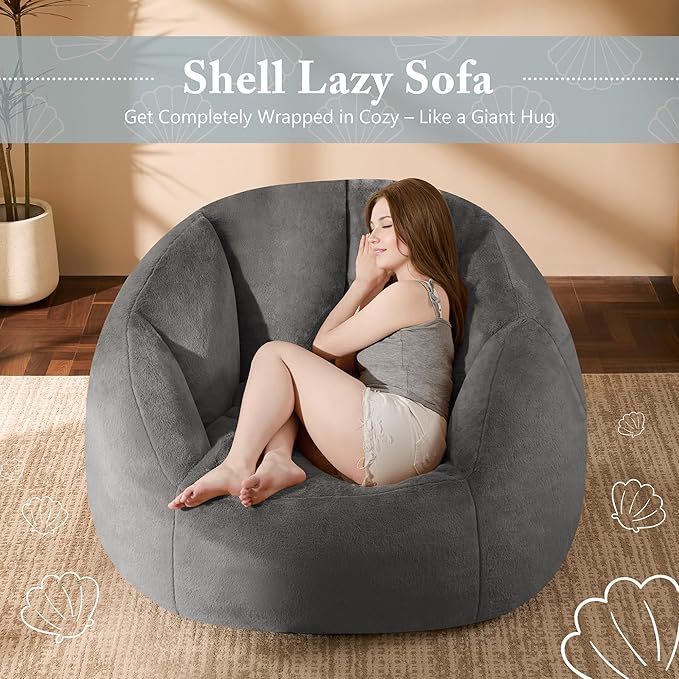 Giant Bean Bag Chaise Lounge Indoor Chair for Adults - Comfy Plush Round Shell Soft Accent Chair, Oversized Cozy Floor Sofa for Living Room, Bedroom & Game Rooms, Gray