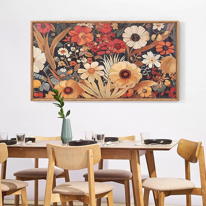 Aurlan Boho Burnt Orange Terracotta Wildflowers Framed Wall Art(40"x20"), Abstract Floral 3D Textured Canvas Artwork, Large Modern Vintage Botanical Nature Art Wall Decor for Home Office Living Room Bedroom