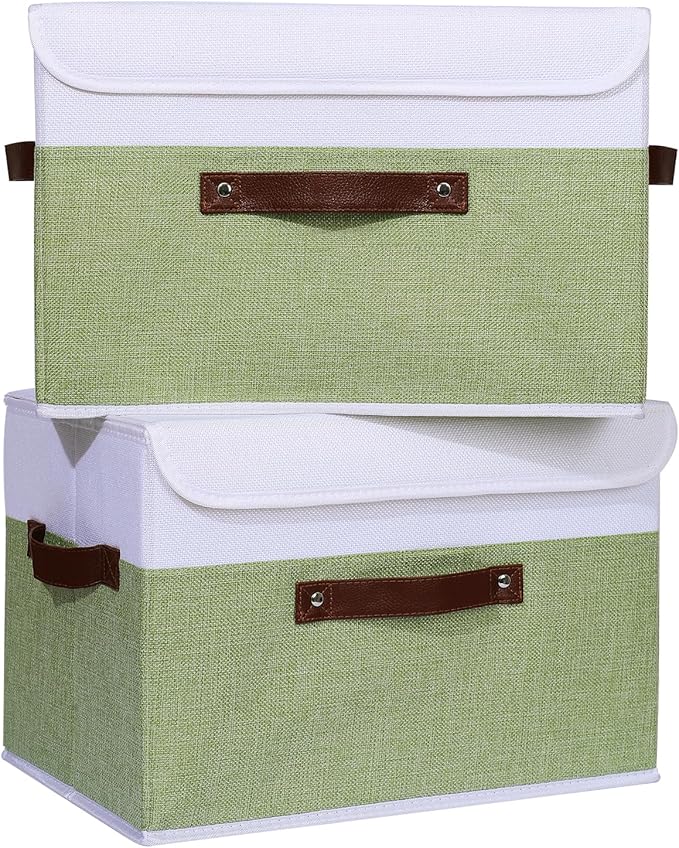 ANMINY 4PCS Storage Boxes with Lid Washable Decorative Storage Bins Basket with PU Leather Handle Foldable Linen Fabric Storage Cubes Containers for Home Closet Organizer - Green White, Large Size
