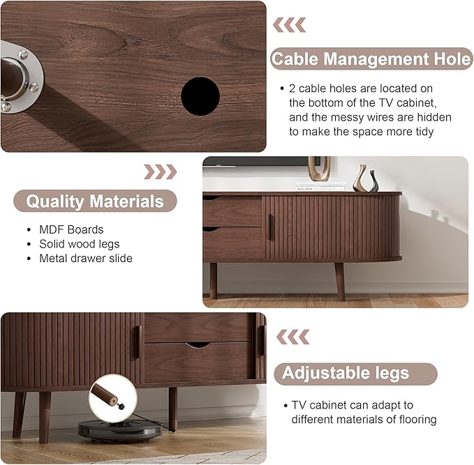 55" Mid Century TV Stand, Fluted TV Stand Fits 32" to 60" TVs. Wood Entertainment Center for Living Room, Farmhouse Modern TV and Media Console Table with Storage, Curved Edge and Sliding Door, Walnut