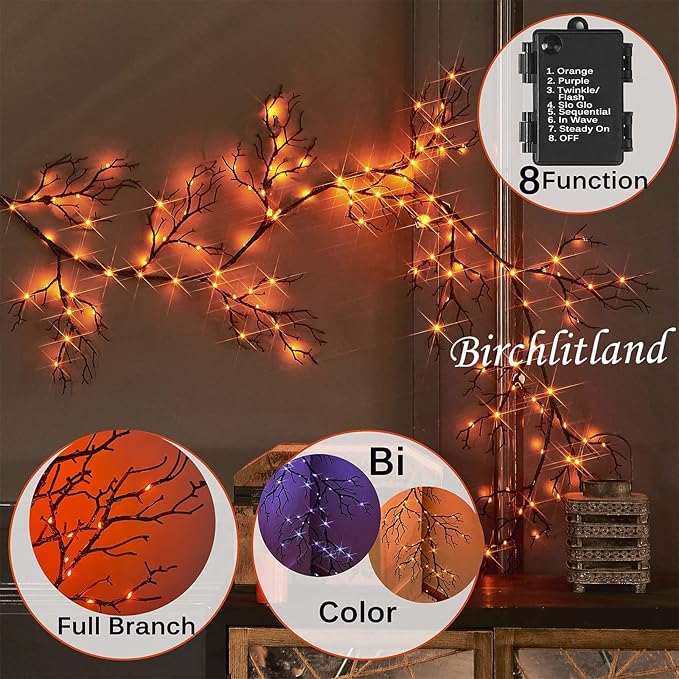 Birchlitland Halloween Lighted Garland 6FT 120L Orange and Purple Bi-Color LED Lights 8 Functions, Black Glittered Garland Lights Battery Operated for Indoor and Outdoor Halloween Party Decoration