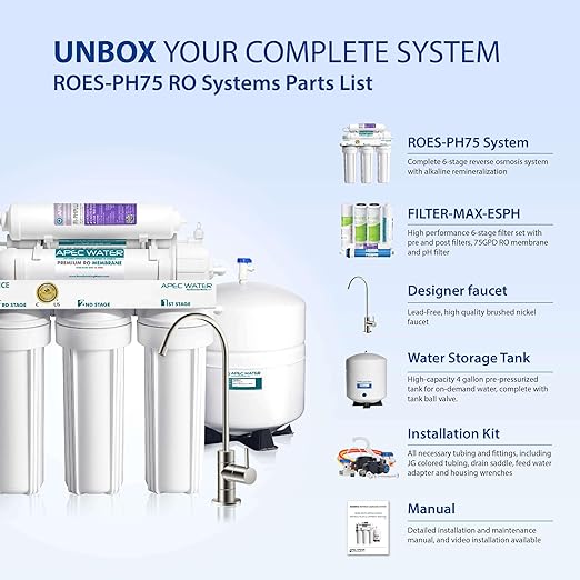 APEC Water Systems ROES-PH75 Essence Series Top Tier Alkaline Mineral pH+ 75 GPD 6-Stage Certified Ultra Safe Reverse Osmosis Drinking Water Filter System