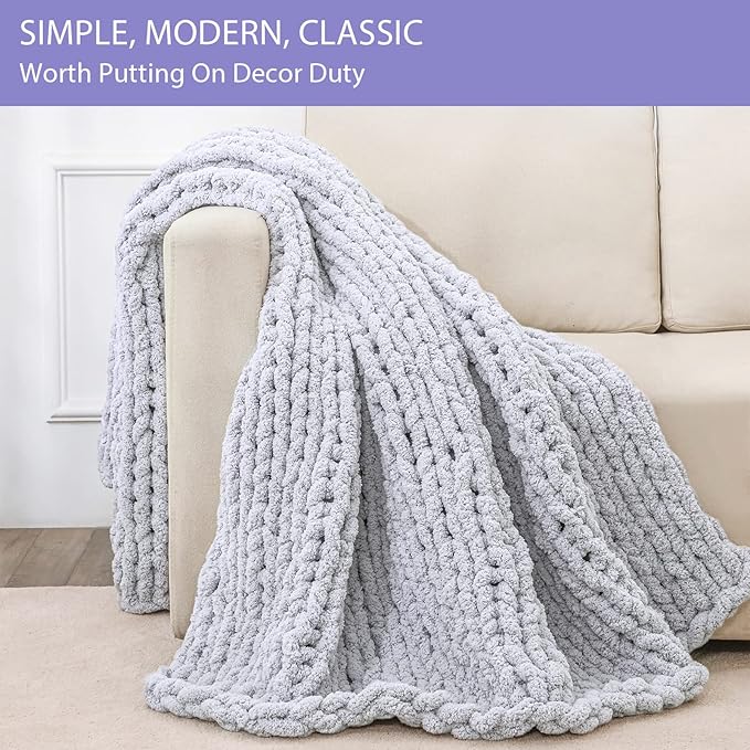 Bigacogo Chunky Knit Throw Blanket for Couch, 80x90 inches, 100% Hand Knitted with Thick Jumbo Chenille Yarn, Cozy Soft Large Rope Knot Cable Crochet Blankets for Sofa Bed Living Room, Light Grey