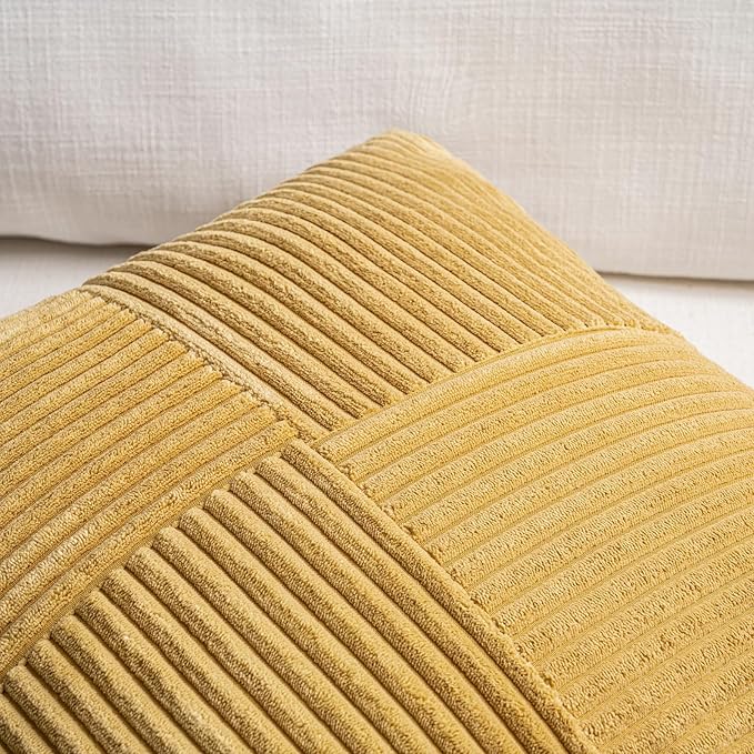 Fancy Homi 2 Packs Mustard Yellow Samll Decorative Throw Pillow Covers 14x14 Inch with for Couch Bed Sofa, Rustic Farmhouse Boho Home Decor, Soft Corss Patchwork Corduroy Square Cushion Case 35x35 cm