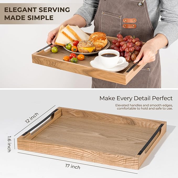 Axeman Wooden Serving Tray with Metal Handles|Ottoman Tray for Breakfast, Bed, Couch|17x13in Ash Wood Coffee Table Trays|Food Drinks Decorative Storage Boards for Ottoman Kitchen, Natural