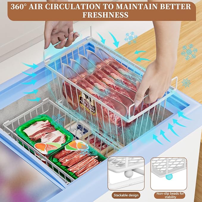 3 Pack Stackable Deep Freezer Organizer Bins ，Upgraded Bottom Leak-Proof net，Encryption and Hardening ， Freezer Organizer Bins for 5 to 9 Cu.FT Small Chest Freezer， Easy Get Bottom Foods