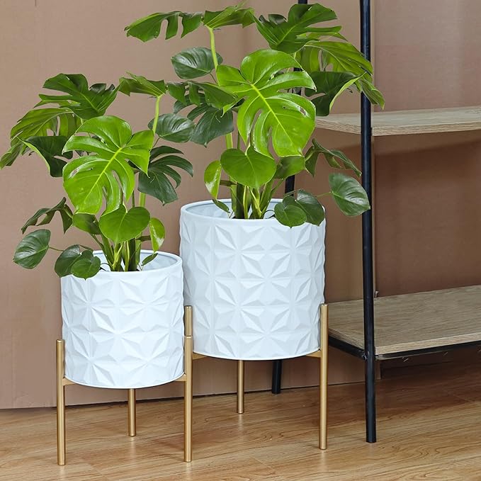 ARNIS Modern Planter Pots, Set of 2 Large Planters with Stand, Decorative Planters, Metal Pots with Drainage Holes for Living Room, Office, Garden or Balcony, 8.25 &10.5 Inch, Matte White
