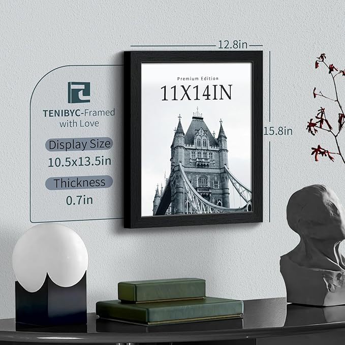 11x14 Picture Frame Set - 3 Pack, Textured Black Solid Wood, HD Tempered Glass, Wall Gallery Photo Frame