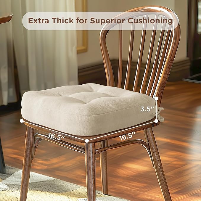 Codi Dining Chair Cushions 4 Pack, Thick Chairs Pads for Indoor Kitchen Room - Washable, Non-Slip Seat Cushion with Ties, 16.5"x16.5"x 3.5", Set of 4, Beige
