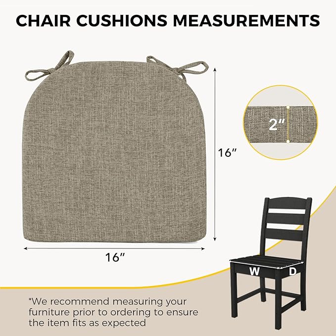 downluxe Indoor Chair Cushions for Dining Chairs, Soft and Comfortable Textured Foam Kitchen Chair Pads with Ties and Non-Slip Backing, 16" x 16" x 2", Khaki, 2 Pack