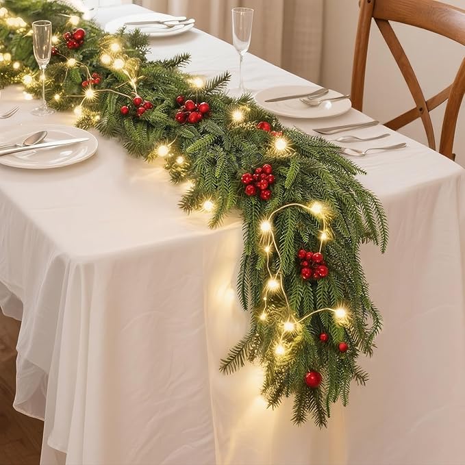 9FT Christmas Norfolk Pine Garland -2PCS, Artificial Pine Needles Garlands Faux Greenery Fake Garland for Holiday Fireplace,Table,Window,Stairs,Mante,Indoor Outdoor Decor