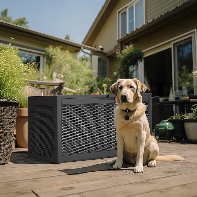 100 Gallon Outdoor Storage Box,Large Waterproof Resin Deck Box,Lockable Storage Container with Reinforced Support for Patio Cushions,Garden Tools,UV-Resistant（Black Rattan）