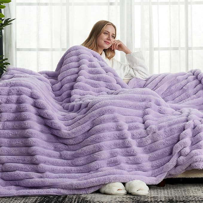 Cozy Bliss Faux Fur Throw Blanket for Couch, Cozy Warm Plush Striped Blanket for Sofa Bedroom Living Room, 60 * 80 Inches Lavender Purple
