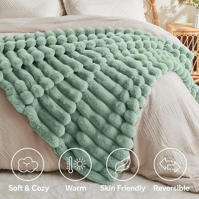 BEDELITE Faux Rabbit Fur Blanket, Luxurious 3D Striped Spring Blanket for Decor & Gift, Soft and Warm Plush Fluffy Faux Fur Throw Blanket All Seasons Suitable, (Sage Green, 50"x 60")