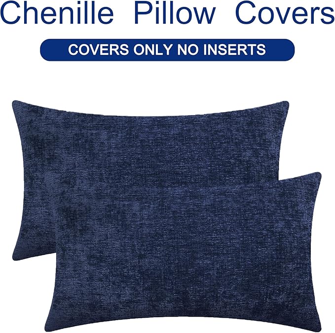 CaliTime Throw Pillow Covers Decorative 12 X 20 Inches Pack of 2 Cozy Chenille Cushion Cases for Couch Sofa Bed Living Room Home Navy Blue
