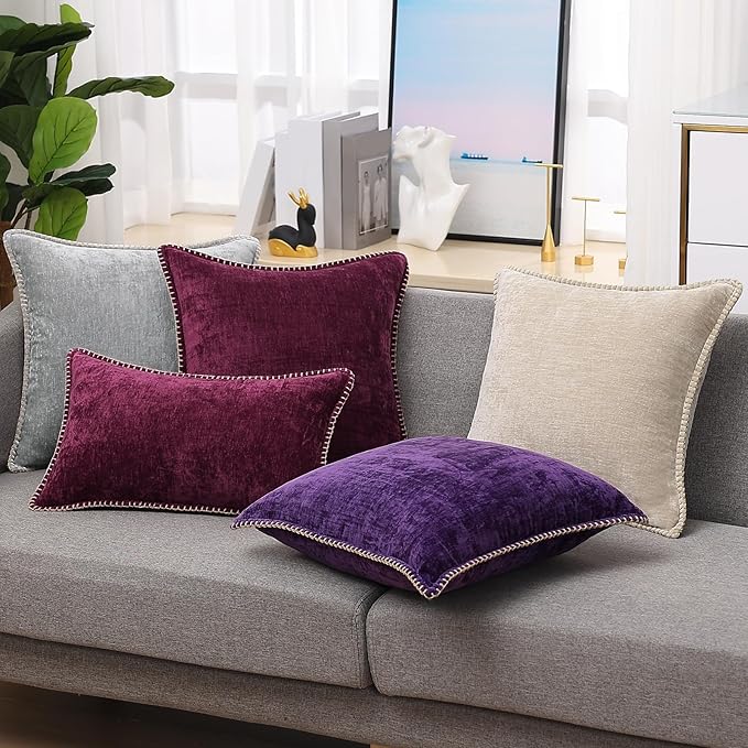 decorUhome Chenille Soft Throw Pillow Covers 16x16 Set of 2, Farmhouse Velvet Neutral Decorative Euro Pillow Covers with Stitched Edge for Couch Sofa Bed Home Decor, Rhododendron