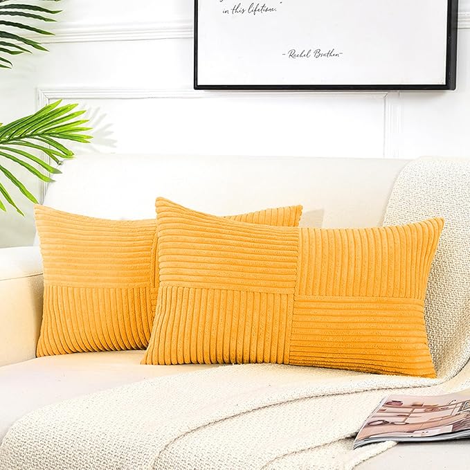 Fancy Homi 2 Packs Gold Yellow Lumbar Decorative Throw Pillow Covers 12x20 Inch for Couch Bed Sofa, Rustic Farmhouse Boho Spring Home Decor, Soft Striped Corduroy Rectangle Accent Cushion Case 30x50cm