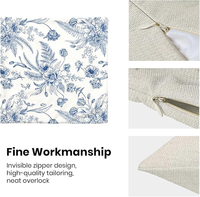 CXMEIFLY Spring Floral Leaves Pillow Covers 20 x 20 Inch Set of 2 for Chinoiserie Flowers Decor Throw Pillows Blue and White Seasonal Plant Outdoor Decorative Cushion Cases for Couch Bed Decorations