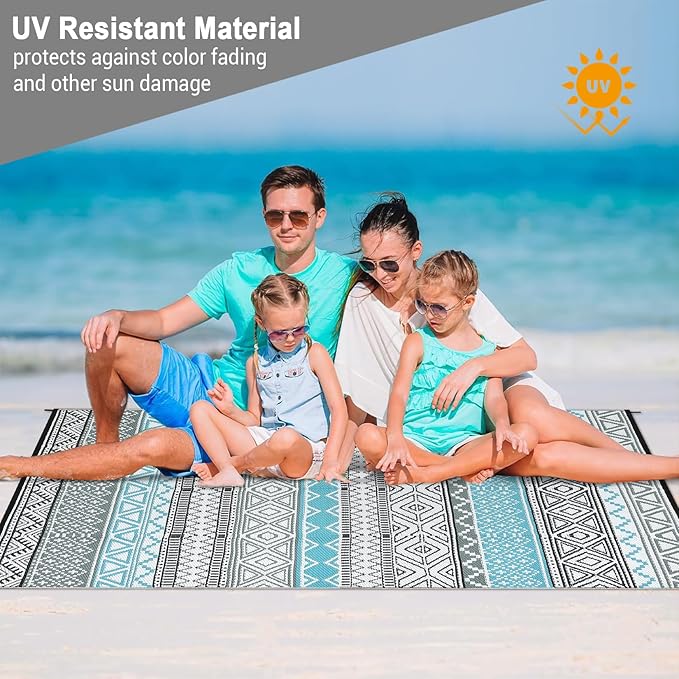 GAOMON Outdoor Rug 9'x12' Waterproof Rug for Patio Decor, Foldable Reversible Plastic Straw Area Rugs Mat for Camper, Outside Carpet for Deck, Porch, Picnic, Beach, Blue/Grey(Bohemia)