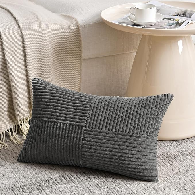 Fancy Homi 2 Packs Dark Gray Lumbar Decorative Throw Pillow Covers 12x20 Inch for Living Room Couch Bed Sofa, Farmhouse Home Decor, Soft Striped Corduroy Rectangle Accent Cushion Case 30x50 cm