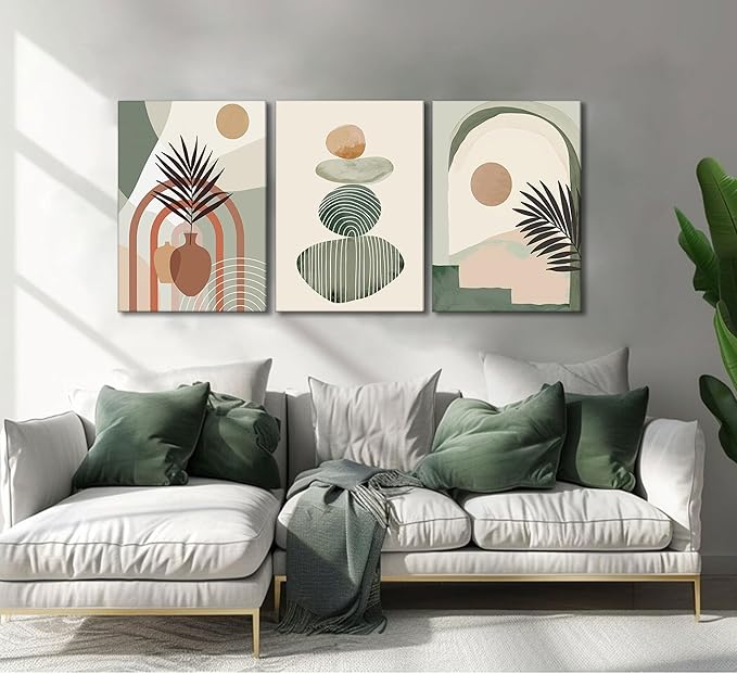 3 Pcs Mid Century Modern Boho Abstract Canvas Wall Art Neutral Green Bohemia Sun and Plant Pictures Wall Decor Posters Print Artwork for Living Room Bedroom Bathroom Office Home Decoration