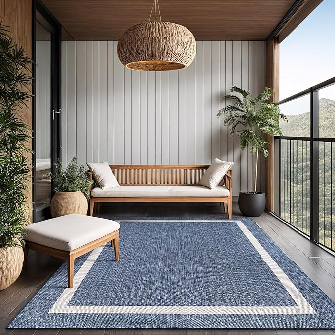 Bordered Outdoor Rug 8x10 Washable Outside Carpet for Indoor Patio Porch Waterproof Easy Cleaning Non Shedding Area Rugs Blue 8 x 10