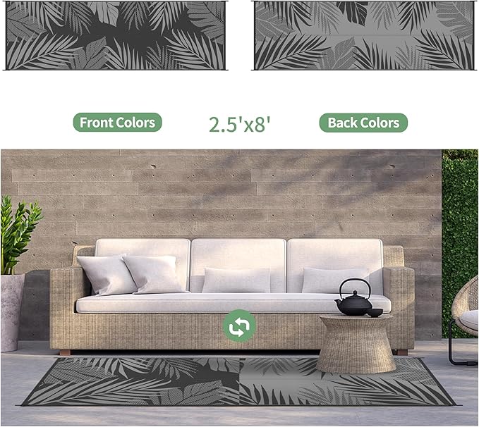 GENIMO Outdoor Rug 2.5' x 8' Waterproof for Patios Clearance, Reversible Outdoor Plastic Straw Camping Rug Carpet, Large Area Rugs Mats for RV, Camper, Deck, Balcony, Porch, Beach, Picnic, Black&Grey