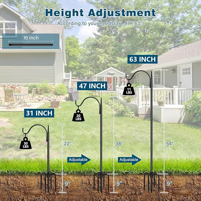 Gtongoko 63 Inch Shepherds Hooks for Outdoor with 5 Prongs Base, Adjustable Bird Feeder Pole Garden Hooks for Hanging Lanterns, Plants Baskets, Hummingbird Feeders, 2 Pack