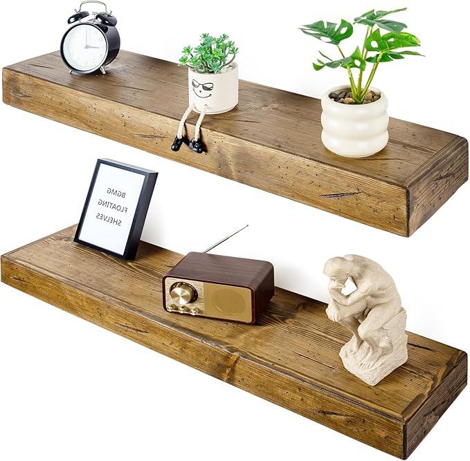 Floating Shelves 3 inch Thick for Wall Set of 2,Solid Pine Wood Wall Mount Shelf for Kitchen Living Room Bedroom Bathroom,8" D x 24" L x 3" H-Distressed Black Walnut