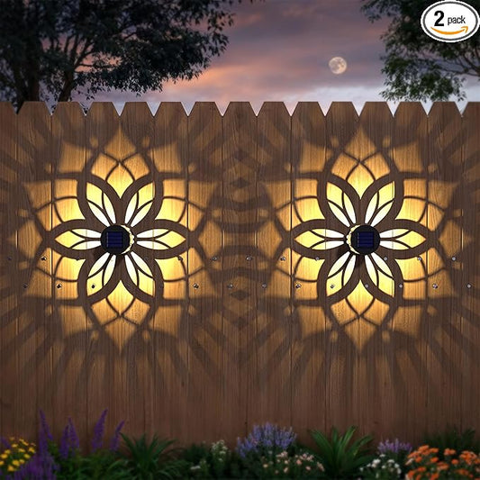 2 Pack Solar Fence Lights Metal Solar Powered Outdoor Wall Deck Step Lights Mandala Theme Waterproof Fence Light for Garden Post Patio Backyard Yard Decor, Gardening Gifts for Women Mom Grandma