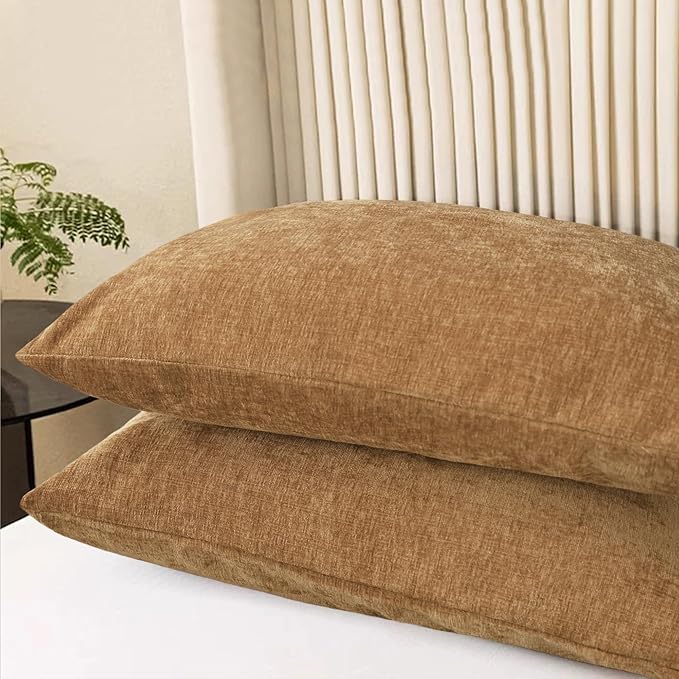 CaliTime Throw Pillow Covers Decorative 20 X 26 Inches Pack of 2 Cozy Chenille Standard Pillow Shams Cases for Couch Sofa Bed Living Room Home Apricot Brown