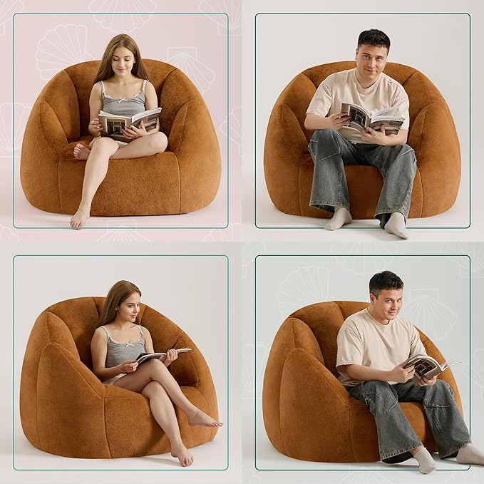 Giant Bean Bag Chair for Adults - Comfy Plush Round Shell Soft Reading Chair, Oversized Cozy Lounge Floor Sofa Accent Chair, Mini Couch for Living Room, Bedroom & Game Rooms, Orange